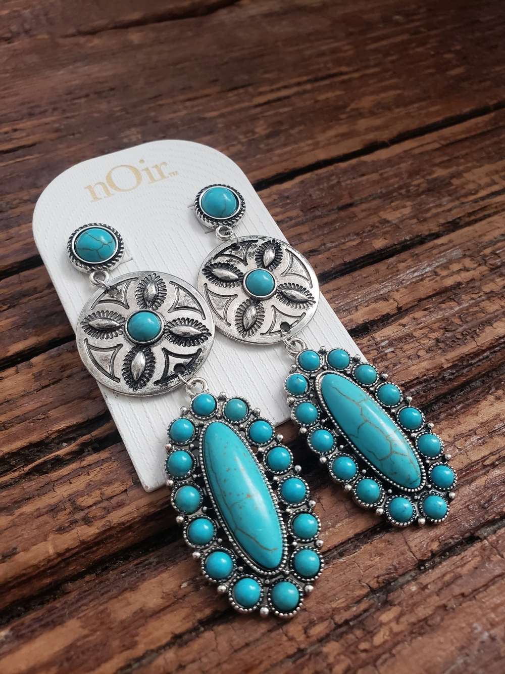 nOir Turquoise Silver Tone Statement Dangle Earrings